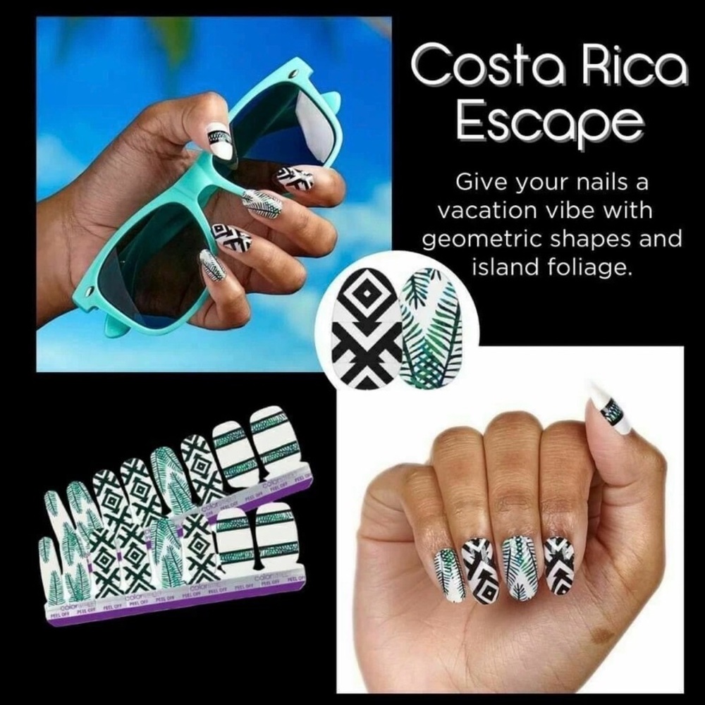 Costa Rica Escape Nail Wraps - Black, White & Teal Tropical Geometric